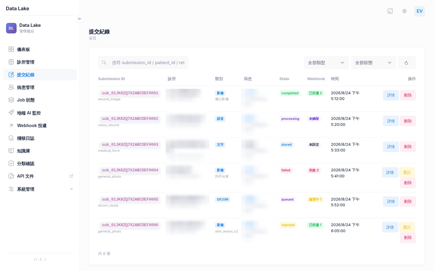 醫療 AI 平台的送件紀錄列表
